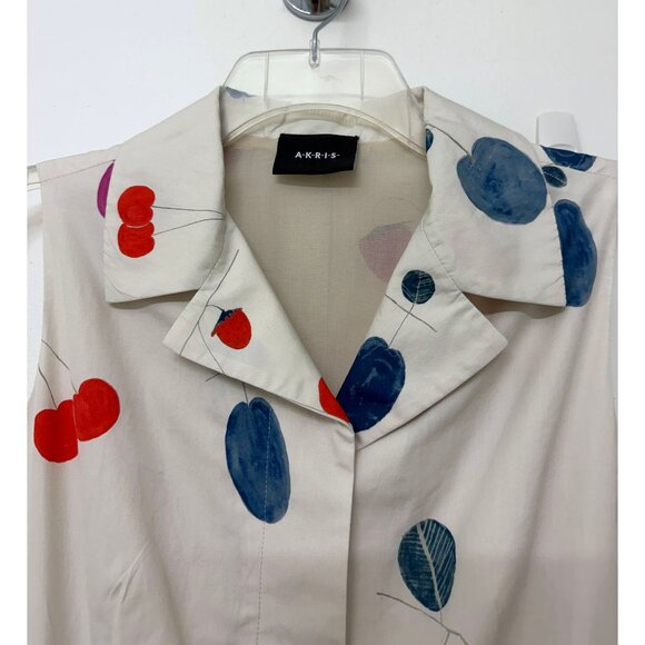 Akris Fruit Print Shirt Dress Cotton Beige Gray Greige Rainbow Colorful Belted 6 - Picture 4 of 16